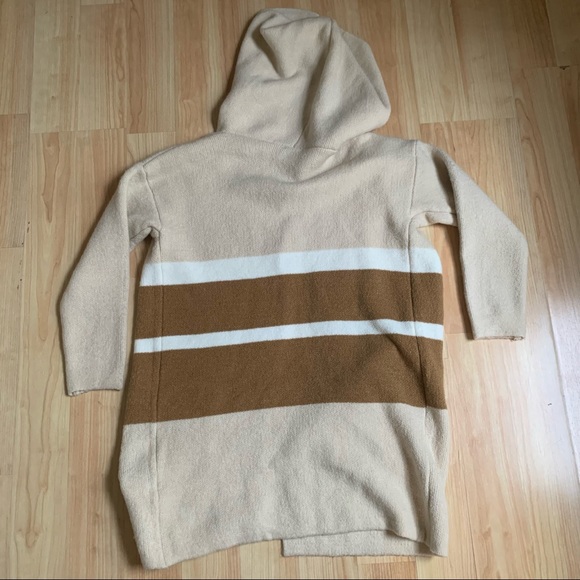 Lulus M/L Carlsbad Sweater Cardigan Open Hooded Tan Beige Striped Pockets - Picture 4 of 8
